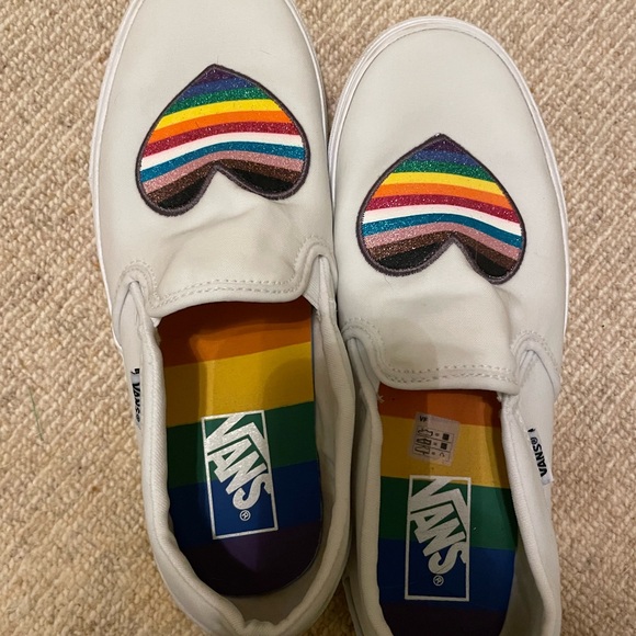 Vans Shoes - Vans White Slip-On Sneakers with Rainbow Heart Design Aster Pride